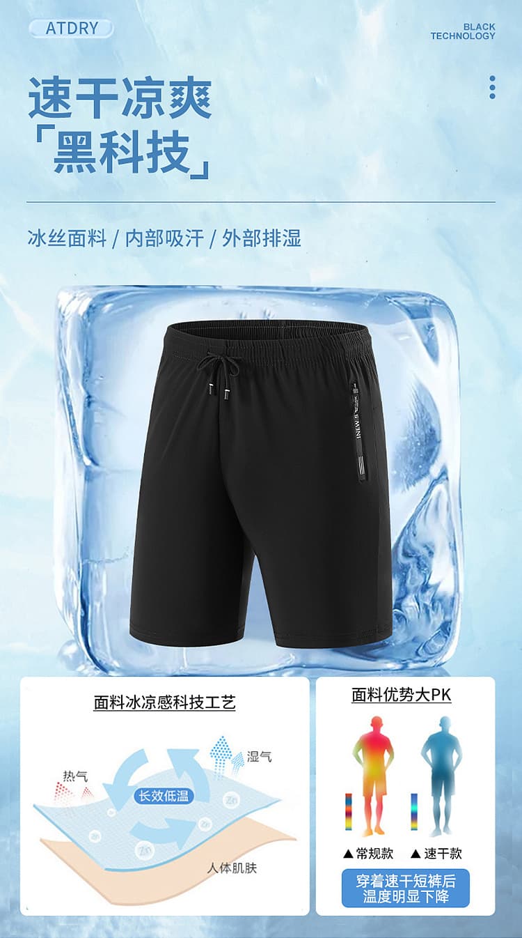 여름 중노년 아빠 로드 중 비즈니스 캐주얼 얼음 실크 속도 건조한 운동 반바지 남자 스트레이트 오부 바지 지퍼 주머니 상세 이미지 1