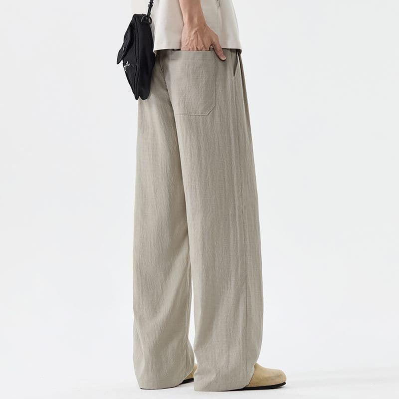 아마 주간 실크 차가운 센스 남성 여름 라이 경기 서울 캐주얼 루즈핏 스트레이트 저항 주름 면 린넨 단색 통기성 롱 바지 이미지 5
