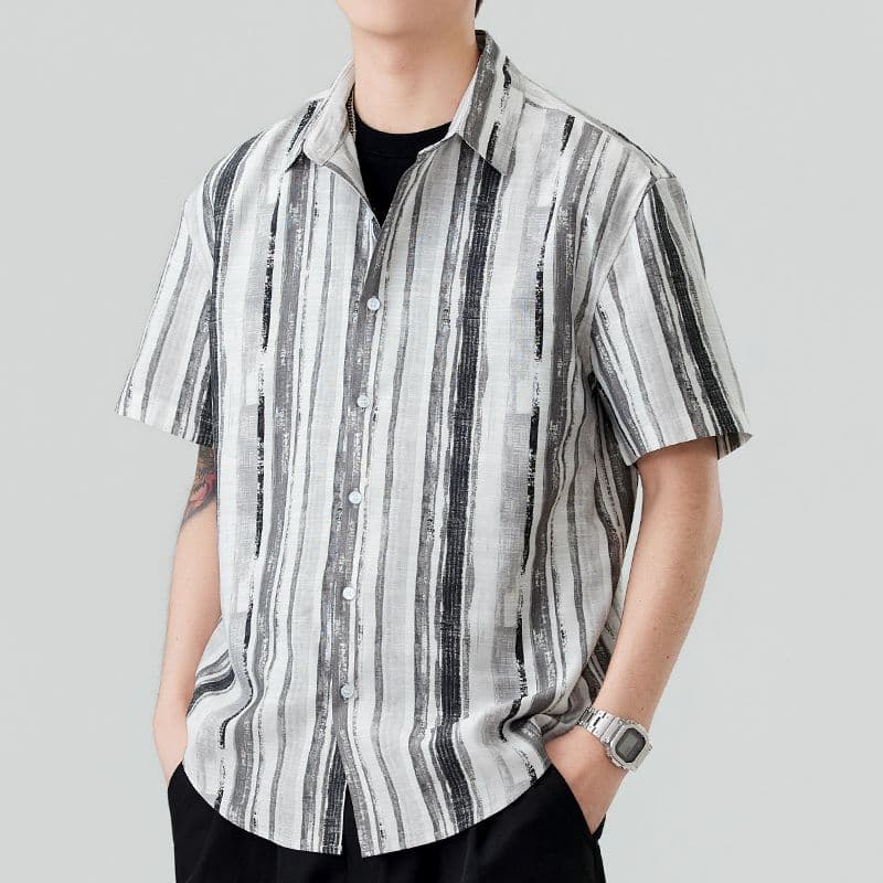 악당 잘 생긴 남성 루즈핏 반팔 셔츠 스트라이프 캐주얼 조수 브랜드 패션 청년 셔츠 레트로 항구 바람 여름 맨위 이미지 4