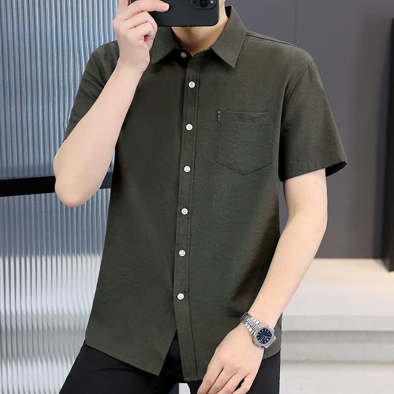 여름 남성 단색 폴로 칼라 주머니 반팔 셔츠 면 소재 얇은 스타일 비즈니스 캐주얼 셔츠 통기성 빛 피부 맨위 이미지 4