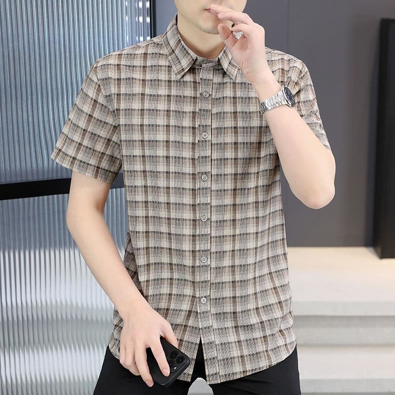남성 체크무늬 여름 면 반팔 셔츠 비즈니스 캐주얼 미니멀리즘 남성 의류 셔츠 디자인 센스 얇은 스타일 한국 스타일 맨위 이미지 3