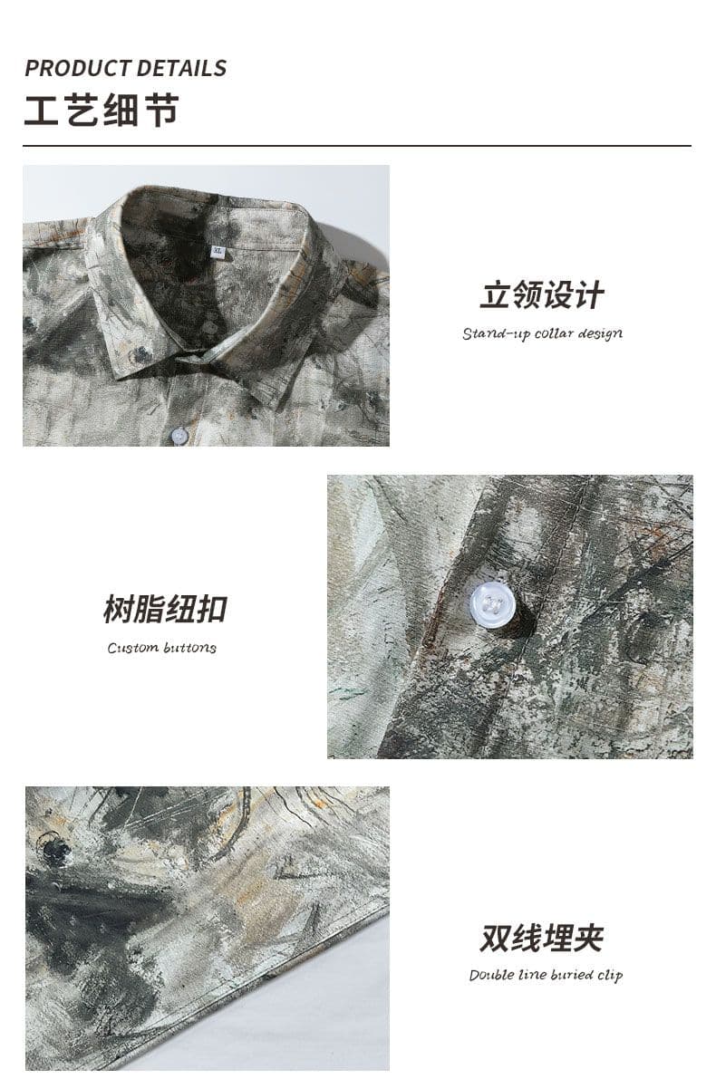 여름 레트로 유화 프린트 반팔 셔츠 남자 루즈핏 폴로 칼라 예술 센스 질감 통기성 셔츠 악당 잘 생긴 맨위 상세 이미지 6