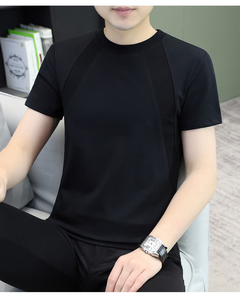여름 순면 캐주얼 바람 반팔 티셔츠 남성 라운드 넥 패치워크 단색 다용도 통기성 트렌드 루즈핏 맨위 티셔츠 상세 이미지 13
