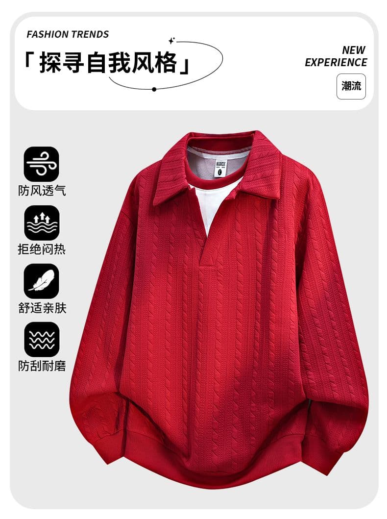 국경 간 조수 브랜드 페이크 레이어드 패치워크 폴로 칼라 후드티 남자 루즈핏 봄 가을 비료 추가 XL 캐주얼 팻 맨 맨위 상세 이미지 1