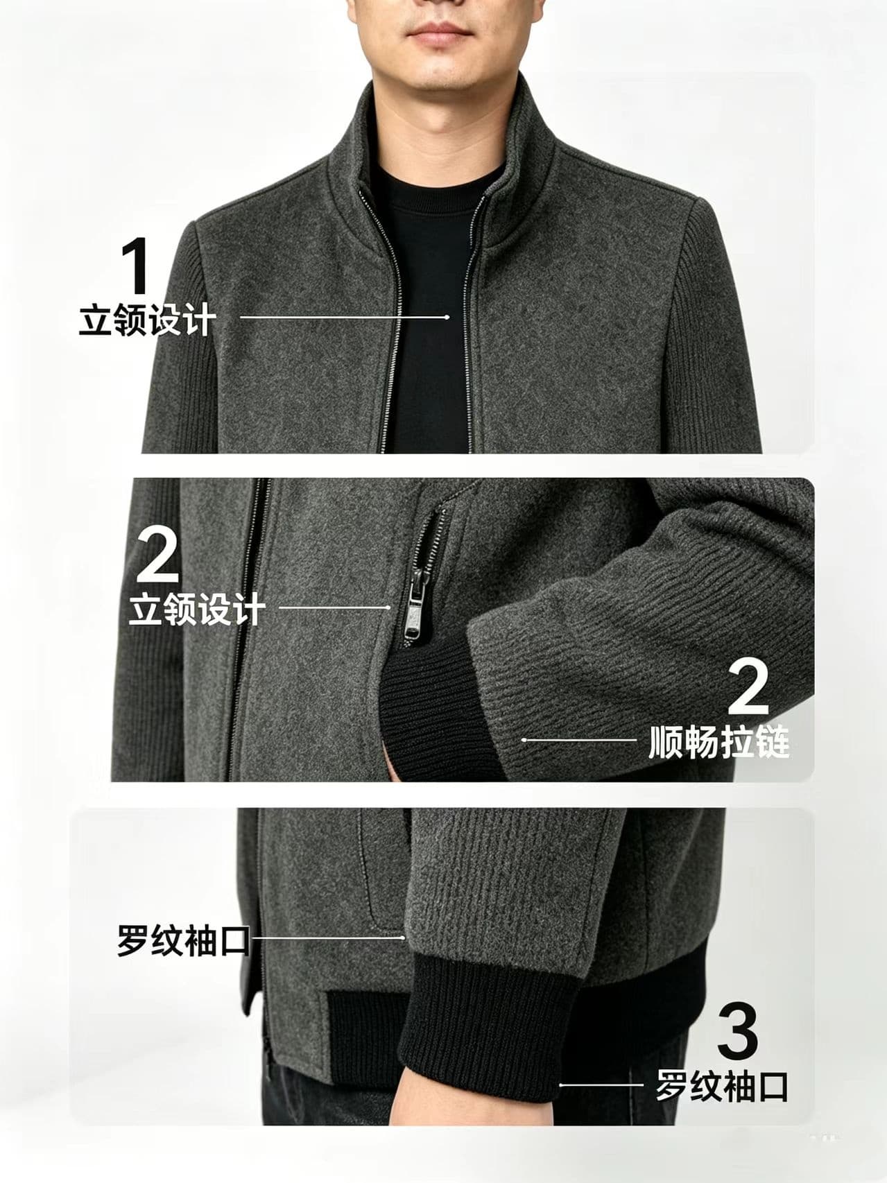 개체 높은 품질 중노년 가을 겨울 캐주얼 스탠드 칼라 자켓 남성 비즈니스 트렌드 모직 의류 쇼트 스타일 재킷 상세 이미지 4