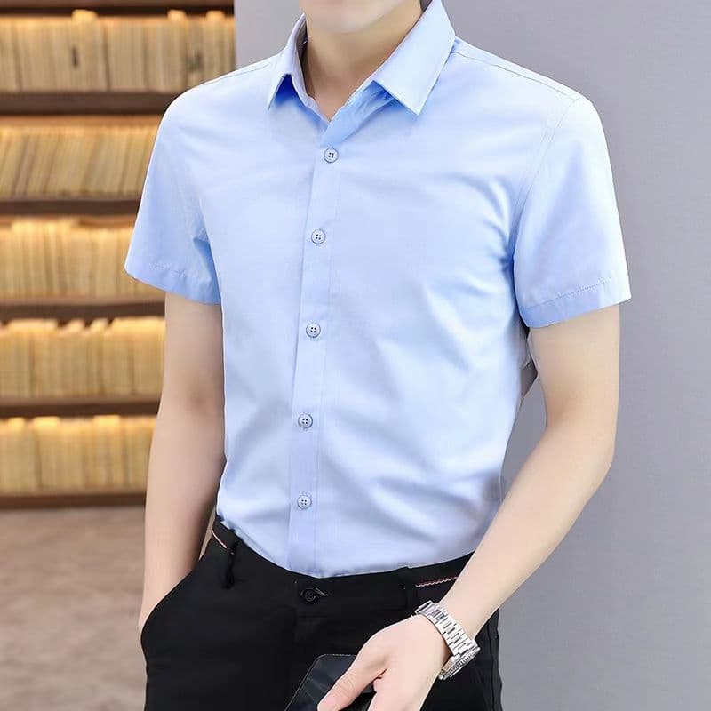 실사 여름 남성 셔츠 비즈니스 캐주얼 긍정적 인 로드 중 단색 비즈니스웨어 무료 뜨거운 저항 주름 작업복 반팔 셔츠 이미지 4