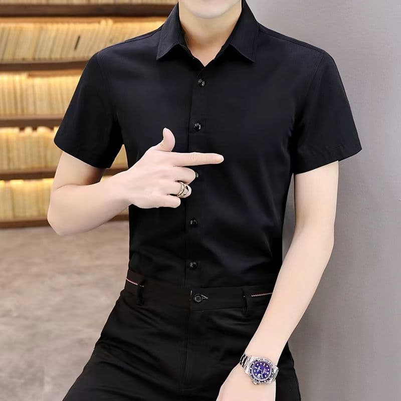 실사 여름 남성 셔츠 비즈니스 캐주얼 긍정적 인 로드 중 단색 비즈니스웨어 무료 뜨거운 저항 주름 작업복 반팔 셔츠 이미지 5