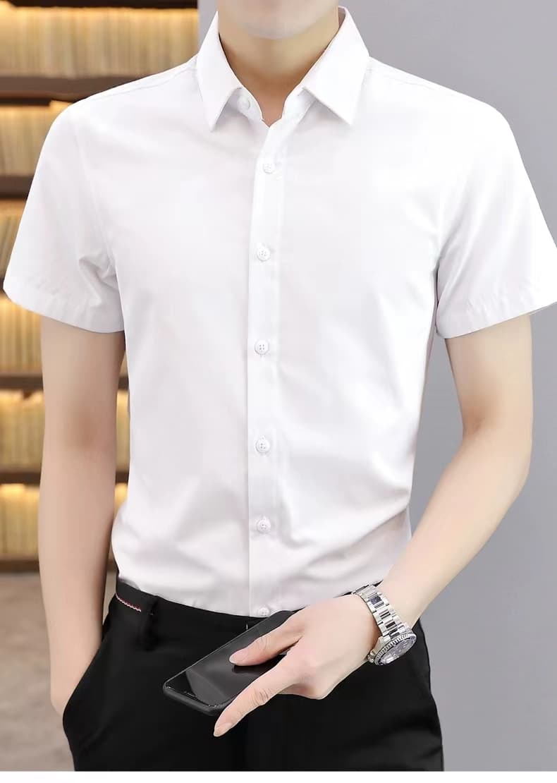 실사 여름 남성 셔츠 비즈니스 캐주얼 긍정적 인 로드 중 단색 비즈니스웨어 무료 뜨거운 저항 주름 작업복 반팔 셔츠 상세 이미지 17