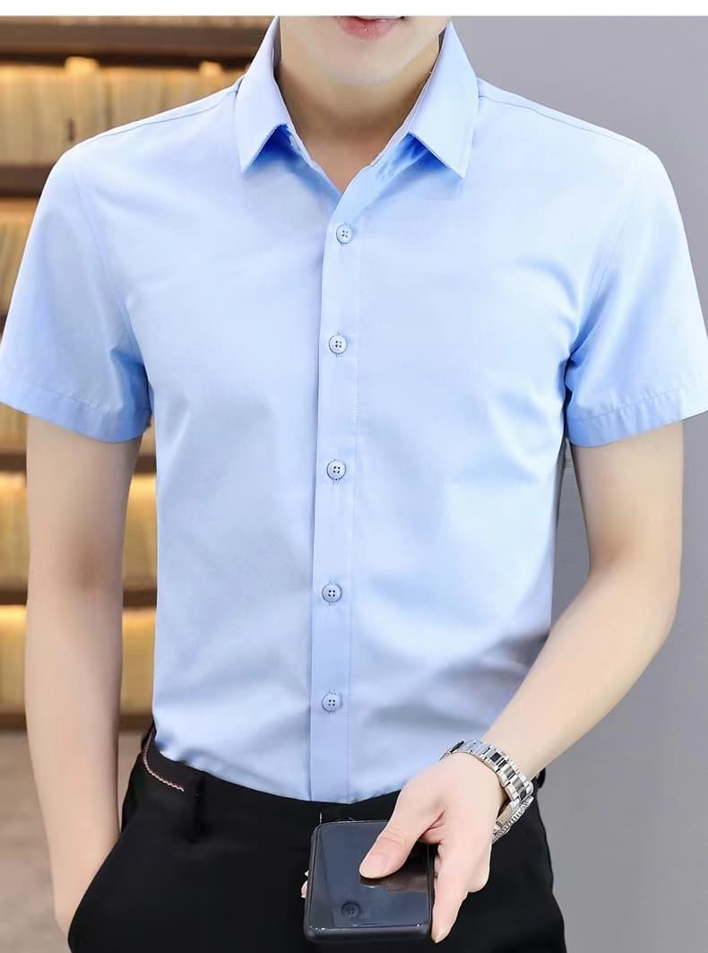 실사 여름 남성 셔츠 비즈니스 캐주얼 긍정적 인 로드 중 단색 비즈니스웨어 무료 뜨거운 저항 주름 작업복 반팔 셔츠 상세 이미지 21