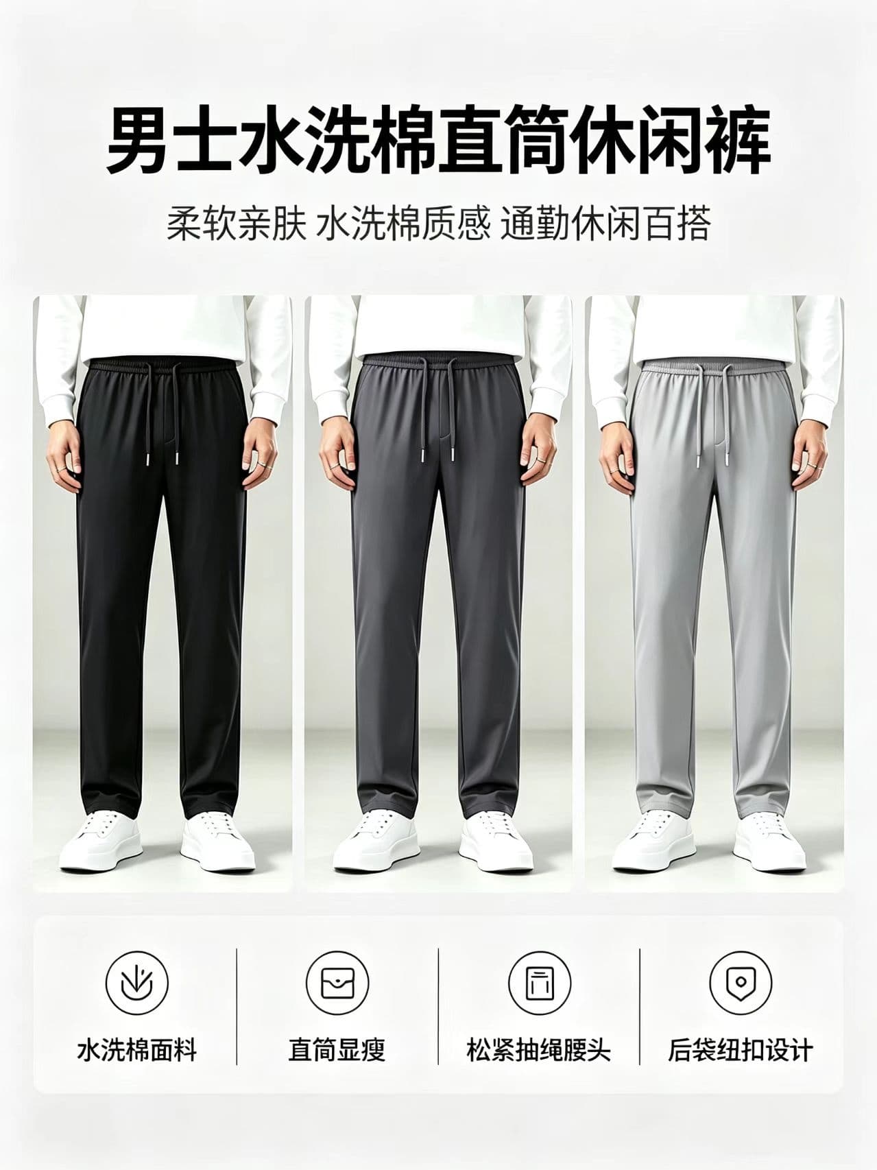 진짜 휴 봄 여름 가을 워시 물 면 남성 스트레이트 통기성 편안함 트렌드 캐주얼 다용도 운동 바지 높은 품질 긴 바지 상세 이미지 9