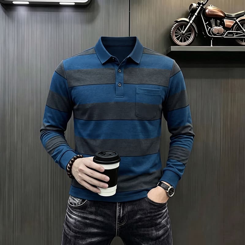 가을 새로운 티셔츠 남성 긴팔 스트라이프 프린트 POLO 셔츠 폴로 칼라 루즈핏 캐주얼 중년 패션 맨위 트렌디