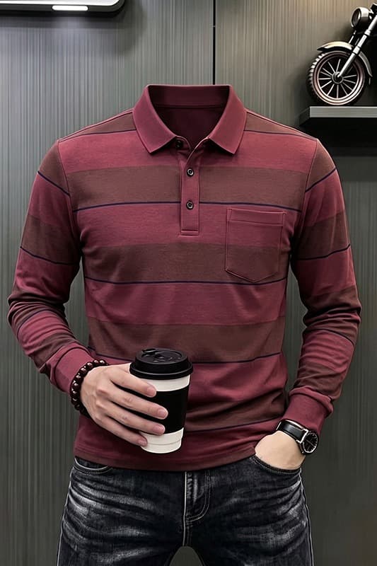 가을 새로운 티셔츠 남성 긴팔 스트라이프 프린트 POLO 셔츠 폴로 칼라 루즈핏 캐주얼 중년 패션 맨위 트렌디 이미지 6