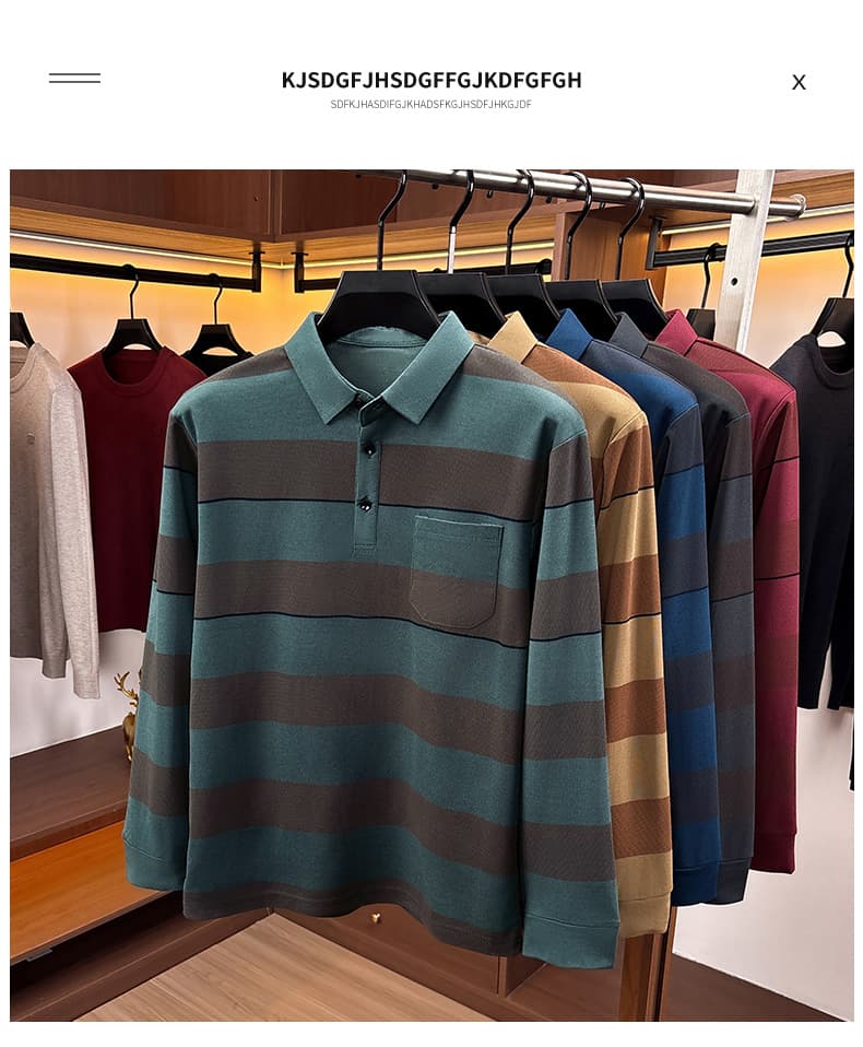 가을 새로운 티셔츠 남성 긴팔 스트라이프 프린트 POLO 셔츠 폴로 칼라 루즈핏 캐주얼 중년 패션 맨위 트렌디 상세 이미지 1