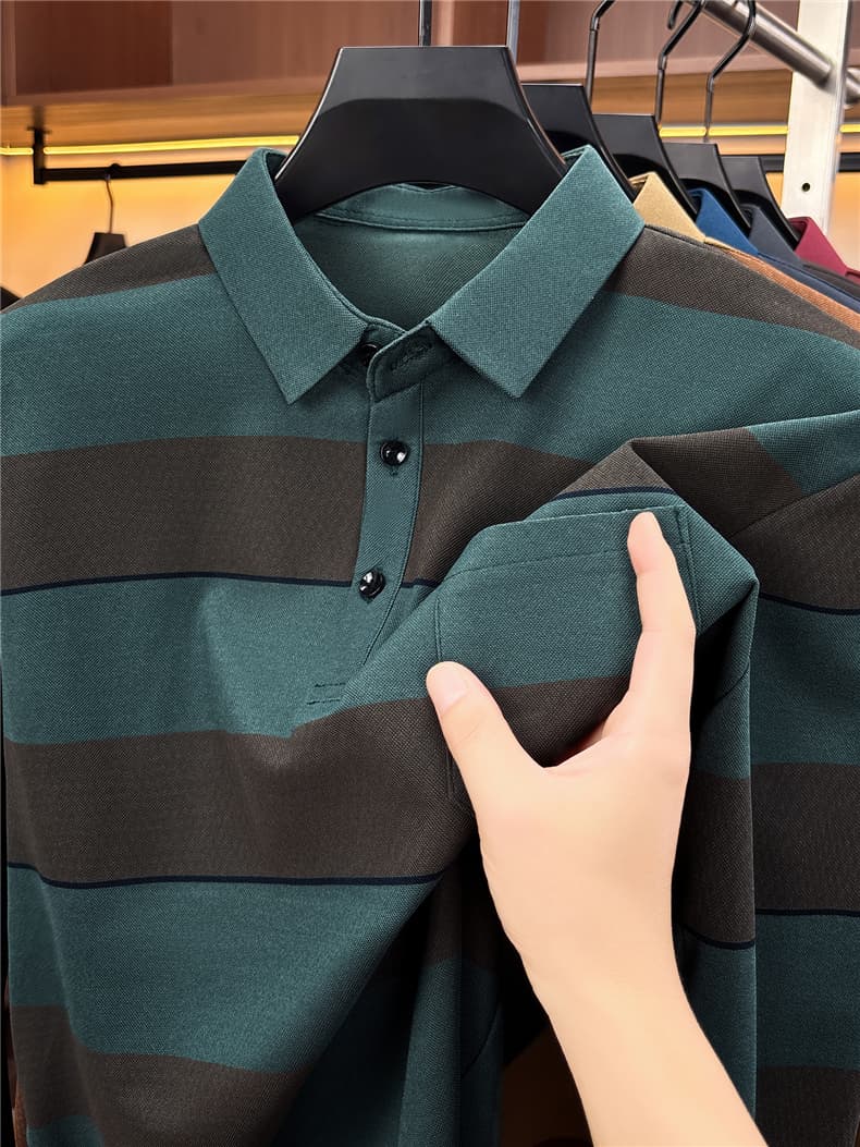 가을 새로운 티셔츠 남성 긴팔 스트라이프 프린트 POLO 셔츠 폴로 칼라 루즈핏 캐주얼 중년 패션 맨위 트렌디 상세 이미지 11