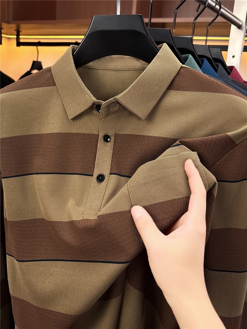 가을 새로운 티셔츠 남성 긴팔 스트라이프 프린트 POLO 셔츠 폴로 칼라 루즈핏 캐주얼 중년 패션 맨위 트렌디 상세 이미지 16