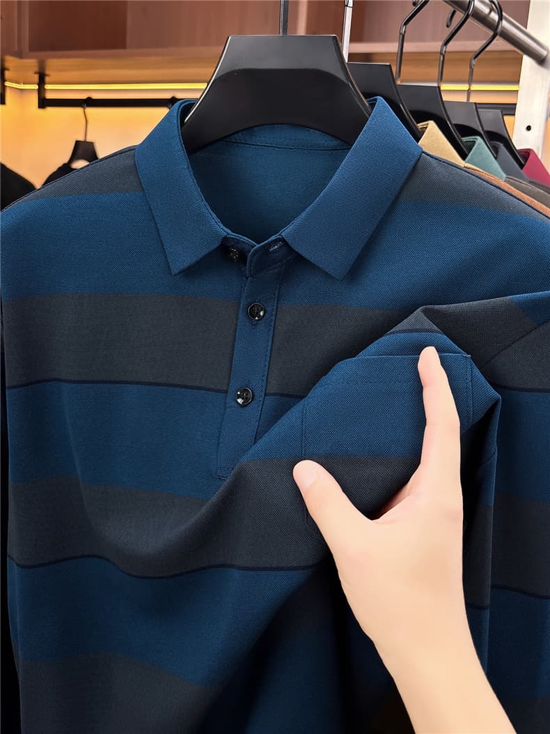 가을 새로운 티셔츠 남성 긴팔 스트라이프 프린트 POLO 셔츠 폴로 칼라 루즈핏 캐주얼 중년 패션 맨위 트렌디 상세 이미지 20