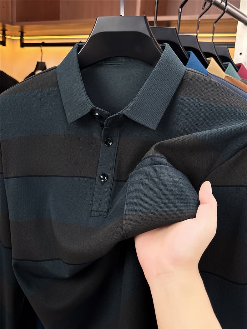 가을 새로운 티셔츠 남성 긴팔 스트라이프 프린트 POLO 셔츠 폴로 칼라 루즈핏 캐주얼 중년 패션 맨위 트렌디 상세 이미지 23