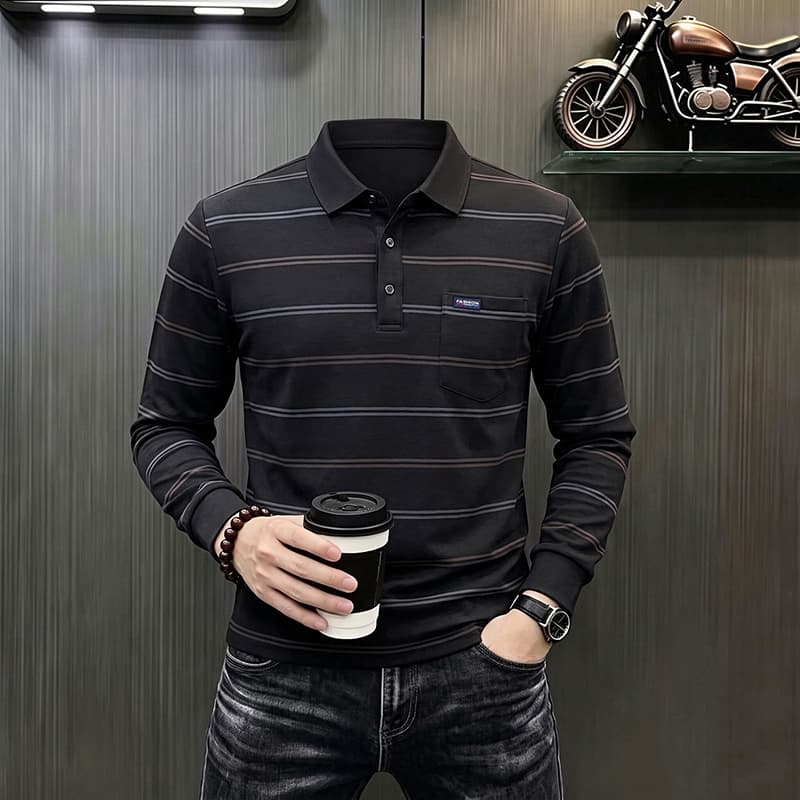 가을 새로운 티셔츠 남성 긴팔 스트라이프 프린트 POLO 셔츠 폴로 칼라 루즈핏 캐주얼 중년 패션 맨위 트렌디 이미지 2