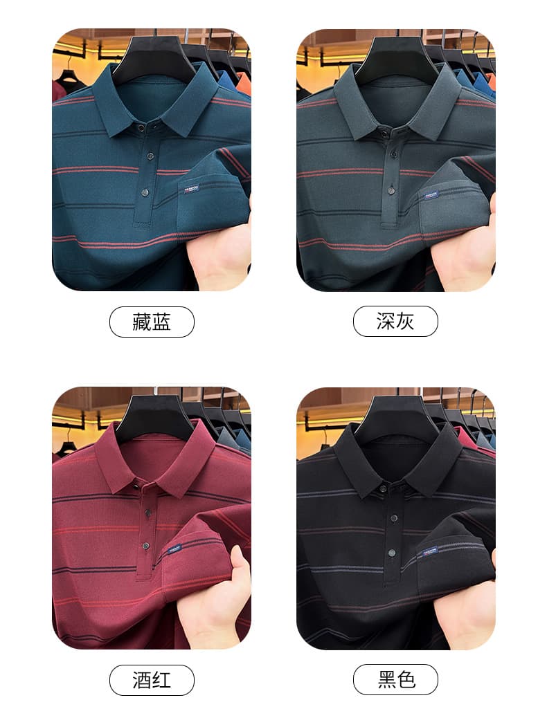 가을 새로운 티셔츠 남성 긴팔 스트라이프 프린트 POLO 셔츠 폴로 칼라 루즈핏 캐주얼 중년 패션 맨위 트렌디 상세 이미지 11