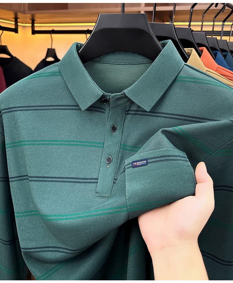 가을 새로운 티셔츠 남성 긴팔 스트라이프 프린트 POLO 셔츠 폴로 칼라 루즈핏 캐주얼 중년 패션 맨위 트렌디 상세 이미지 20