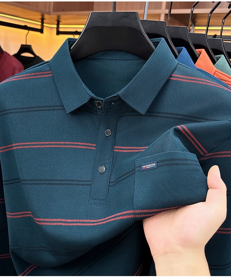 가을 새로운 티셔츠 남성 긴팔 스트라이프 프린트 POLO 셔츠 폴로 칼라 루즈핏 캐주얼 중년 패션 맨위 트렌디 상세 이미지 32