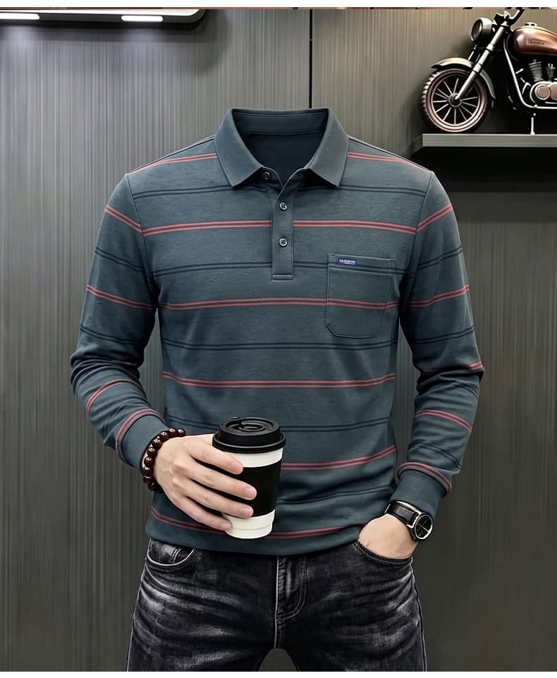 가을 새로운 티셔츠 남성 긴팔 스트라이프 프린트 POLO 셔츠 폴로 칼라 루즈핏 캐주얼 중년 패션 맨위 트렌디 상세 이미지 38