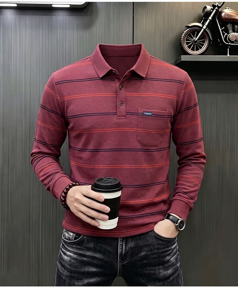 가을 새로운 티셔츠 남성 긴팔 스트라이프 프린트 POLO 셔츠 폴로 칼라 루즈핏 캐주얼 중년 패션 맨위 트렌디 상세 이미지 42