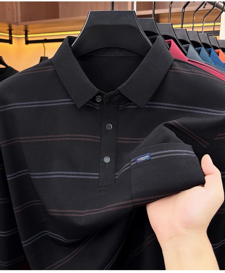 가을 새로운 티셔츠 남성 긴팔 스트라이프 프린트 POLO 셔츠 폴로 칼라 루즈핏 캐주얼 중년 패션 맨위 트렌디 상세 이미지 44