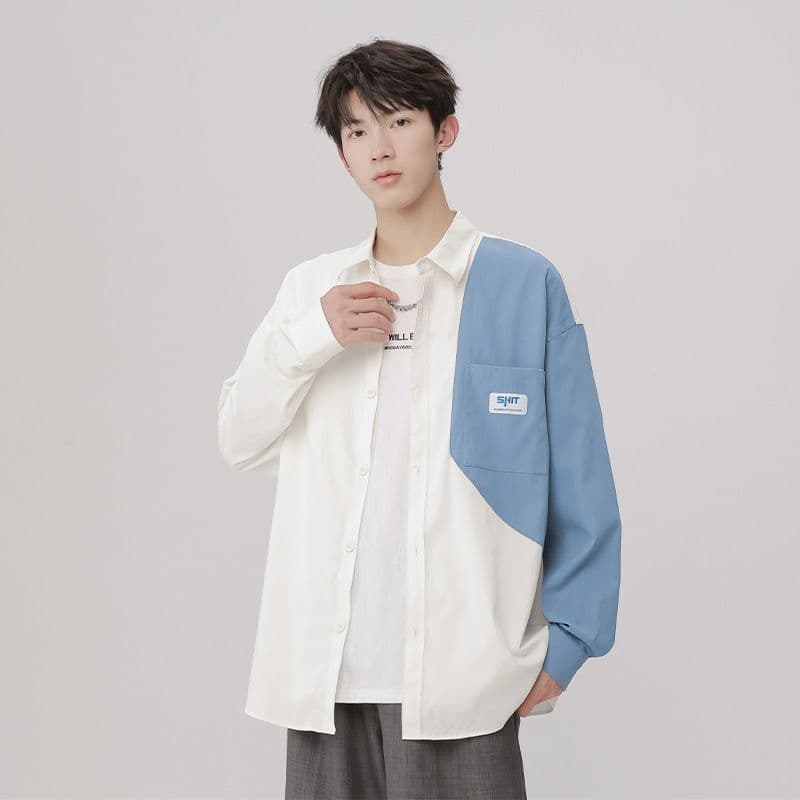 항구 바람 봄 가을 겨울 새로운 셔츠 남성 패치워크 워싱 모방 면 가을 어깨 긴팔 맨위 캐주얼 루즈핏 셔츠