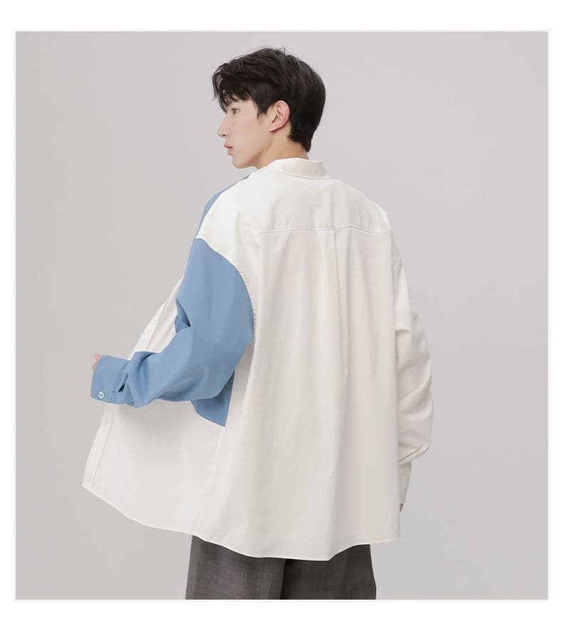항구 바람 봄 가을 겨울 새로운 셔츠 남성 패치워크 워싱 모방 면 가을 어깨 긴팔 맨위 캐주얼 루즈핏 셔츠 상세 이미지 12
