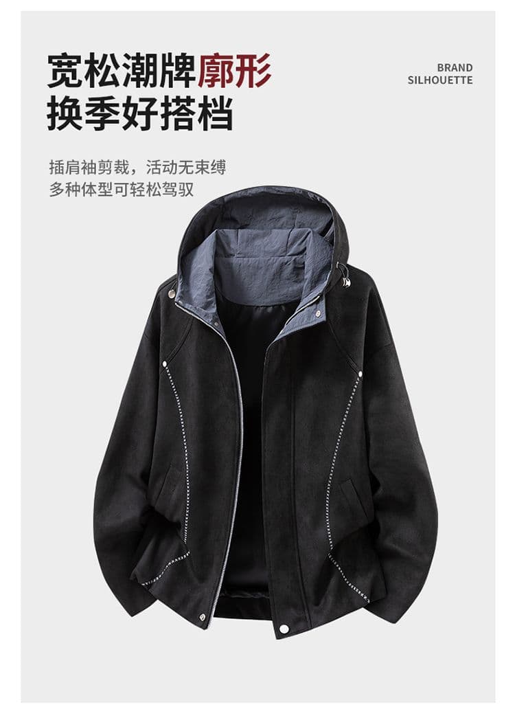 레트로 배색 후드 모방 스웨이드 원단 봄 가을 조수 브랜드 워크웨어 빅 사이즈 남성 다용도 재킷 캐주얼 루즈핏 재킷 상세 이미지 3