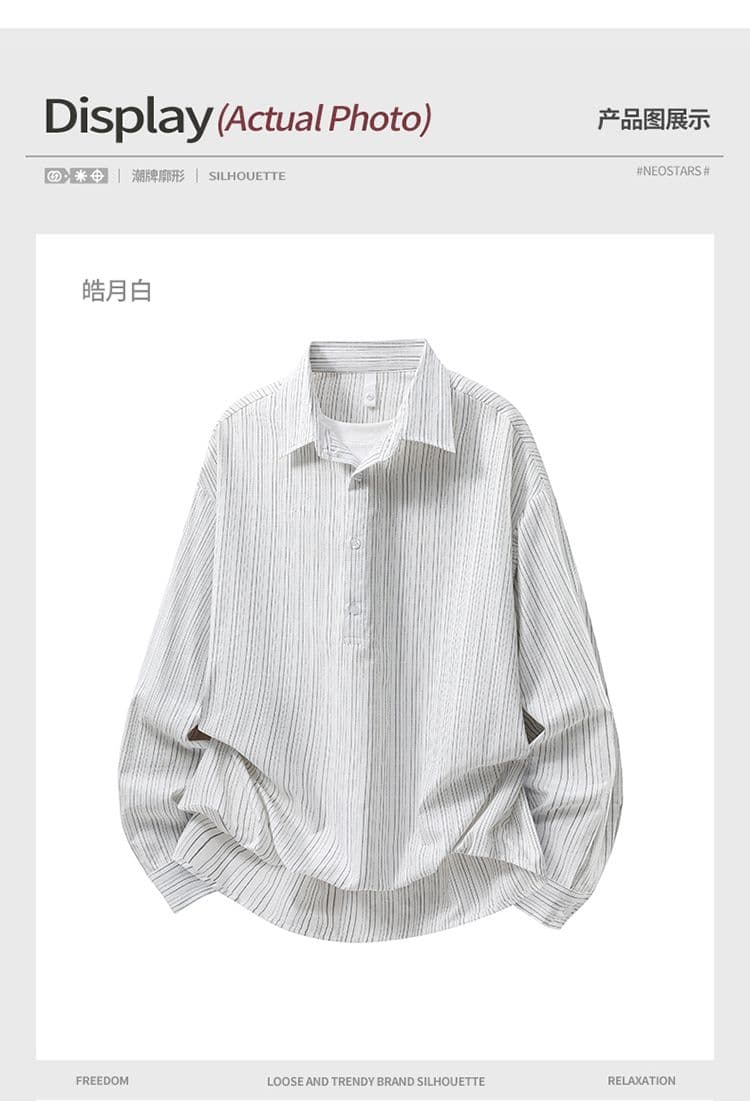 봄 가을 새로운 조수 브랜드 오래된 돈 바람 레트로 캐주얼 페이크 레이어드 스트라이프 반 개방 칼라 루즈핏 긴팔 남성 셔츠 상세 이미지 8