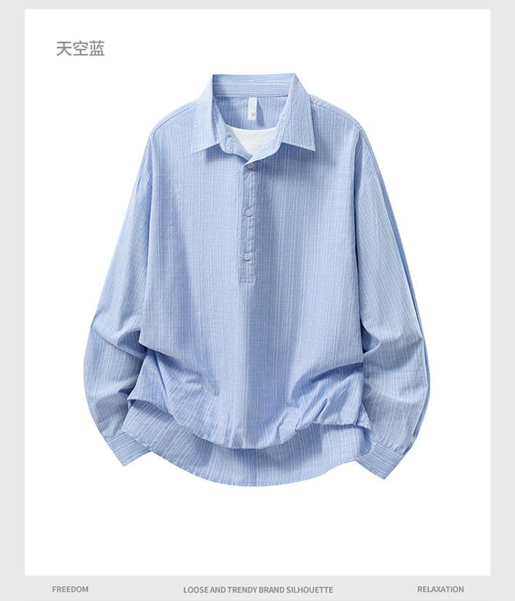 봄 가을 새로운 조수 브랜드 오래된 돈 바람 레트로 캐주얼 페이크 레이어드 스트라이프 반 개방 칼라 루즈핏 긴팔 남성 셔츠 상세 이미지 10