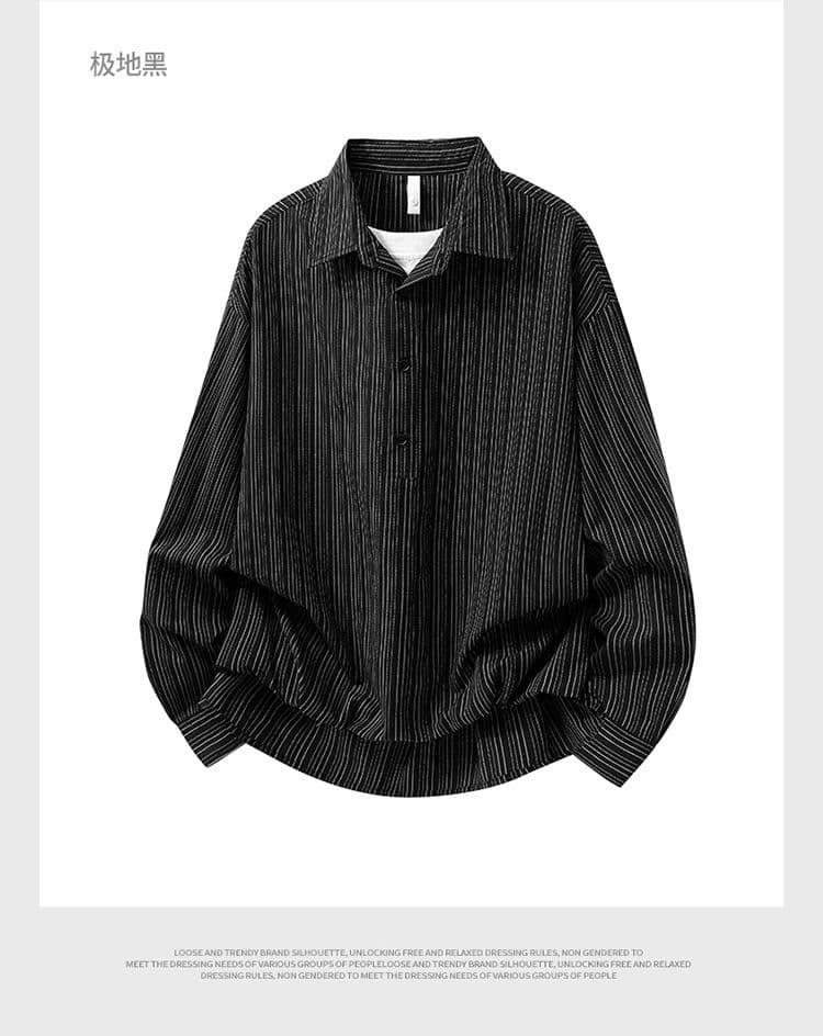 봄 가을 새로운 조수 브랜드 오래된 돈 바람 레트로 캐주얼 페이크 레이어드 스트라이프 반 개방 칼라 루즈핏 긴팔 남성 셔츠 상세 이미지 11