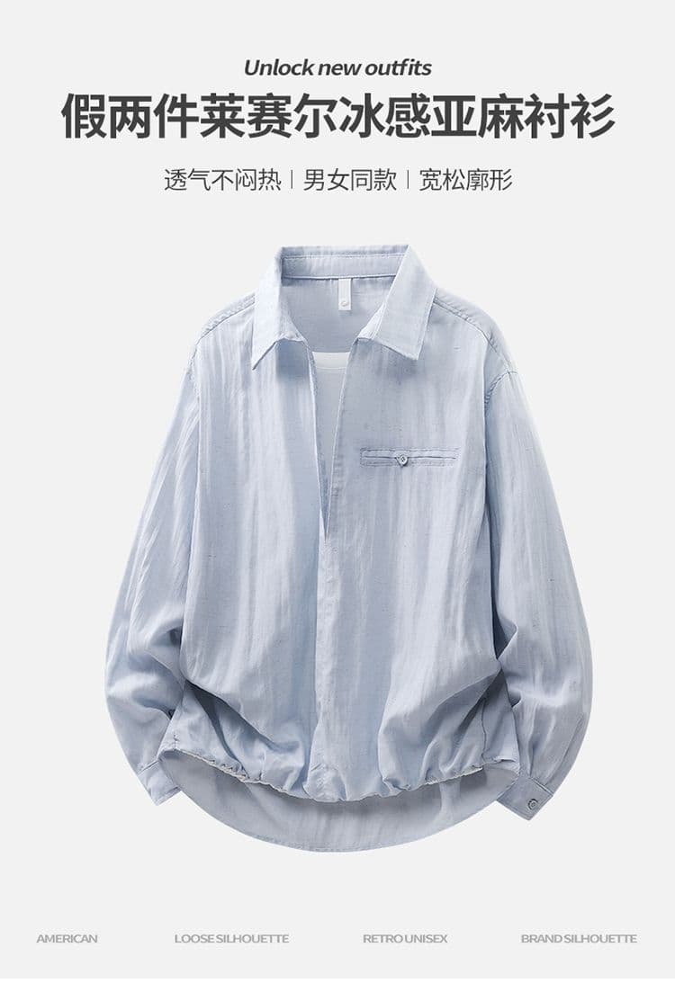 봄 가을 새로운 조수 브랜드 오래된 돈 바람 레트로 아마 페이크 레이어드 남성 긴팔 폴로 칼라 캐주얼 다용도 루즈핏 셔츠 상세 이미지 1