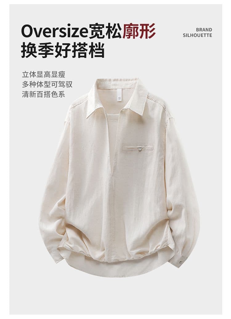 봄 가을 새로운 조수 브랜드 오래된 돈 바람 레트로 아마 페이크 레이어드 남성 긴팔 폴로 칼라 캐주얼 다용도 루즈핏 셔츠 상세 이미지 3
