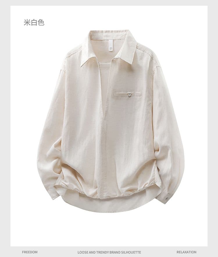 봄 가을 새로운 조수 브랜드 오래된 돈 바람 레트로 아마 페이크 레이어드 남성 긴팔 폴로 칼라 캐주얼 다용도 루즈핏 셔츠 상세 이미지 10