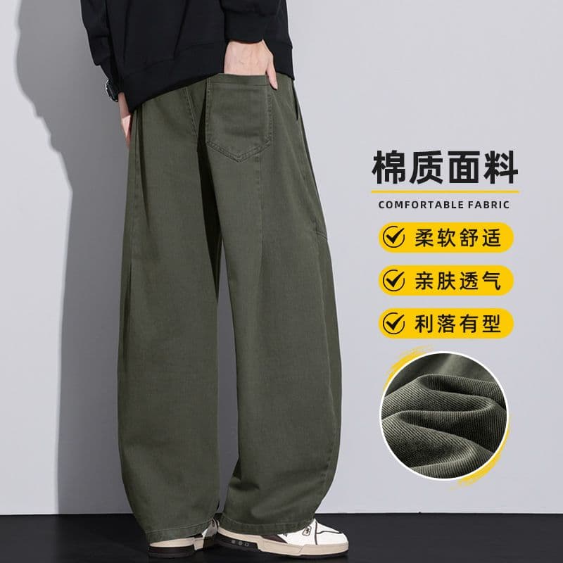 조수 브랜드 남성 순면 주름 모통이 칼 바지 2026 새로운 캐주얼 스트레이트 루즈핏 아메리칸 높음 거리 와이드 레그 팬츠 긴 바지 이미지 5