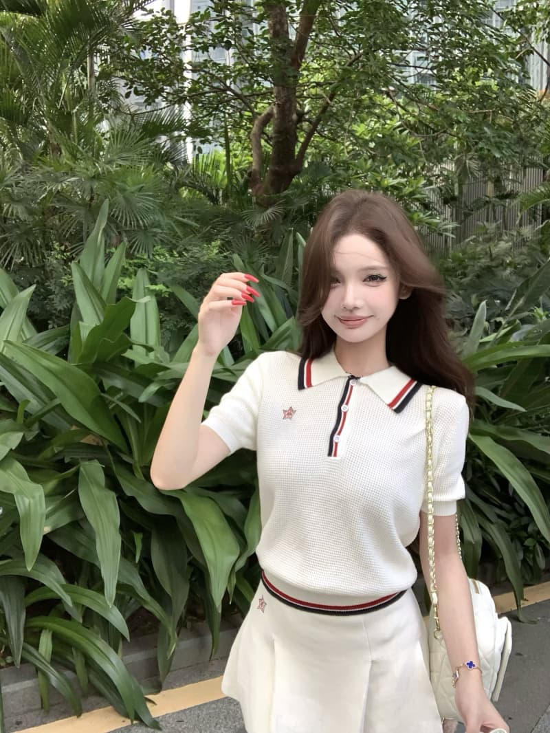 실사 정가 산소 소녀 네트워킹 공 시리즈 후아 남편 그리드 니트 polo 미니 스커트 세트 상세 이미지 11