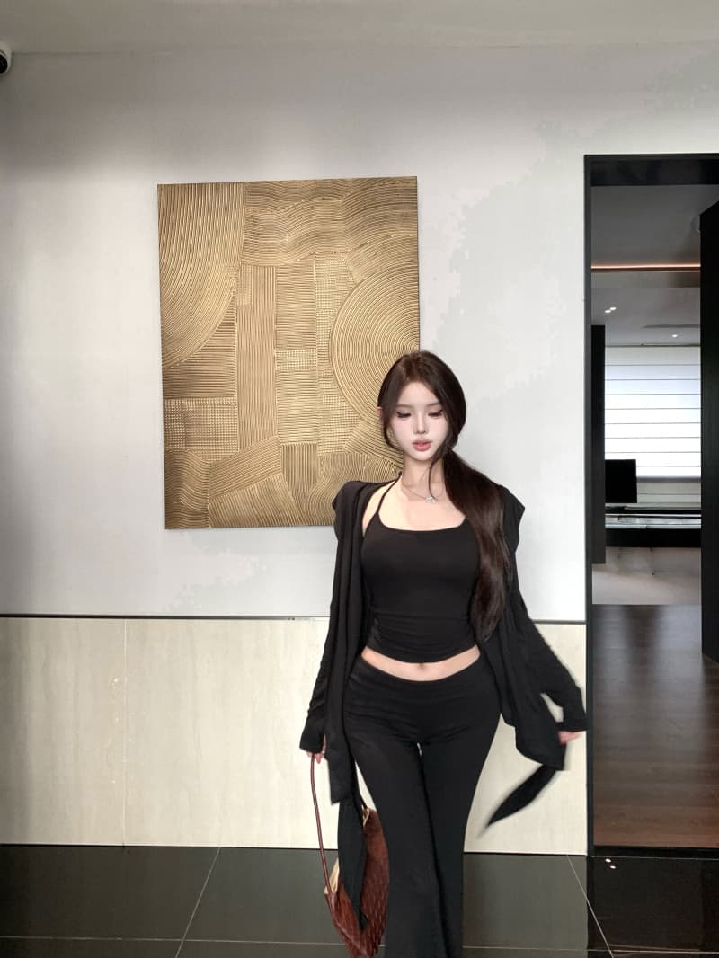 실사 정가 단색 외출용 슬립 여성 벨트 가슴 패드 어깨 패드 이른 가을 니트 오픈 가디건 두 조각 여성 세트 상세 이미지 9