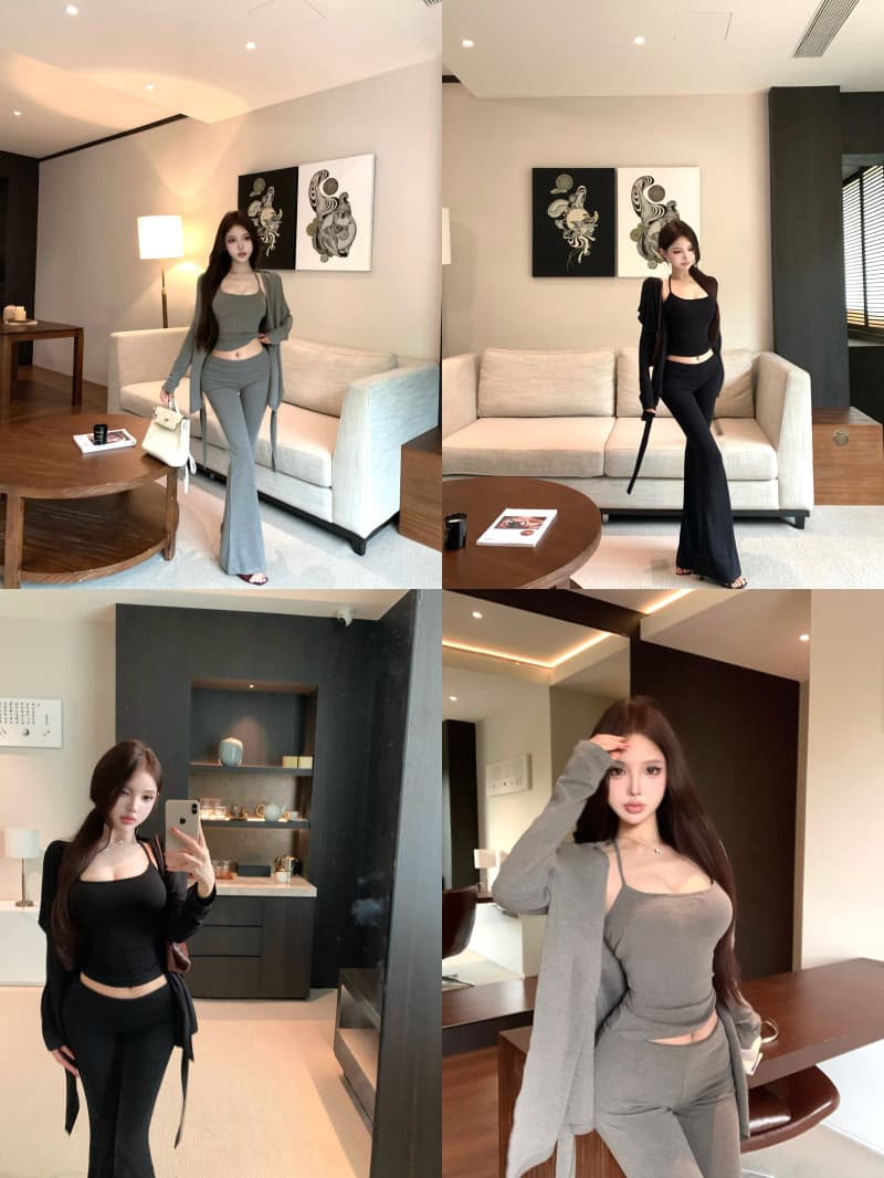 실사 정가 단색 외출용 슬립 여성 벨트 가슴 패드 어깨 패드 이른 가을 니트 오픈 가디건 두 조각 여성 세트 상세 이미지 23