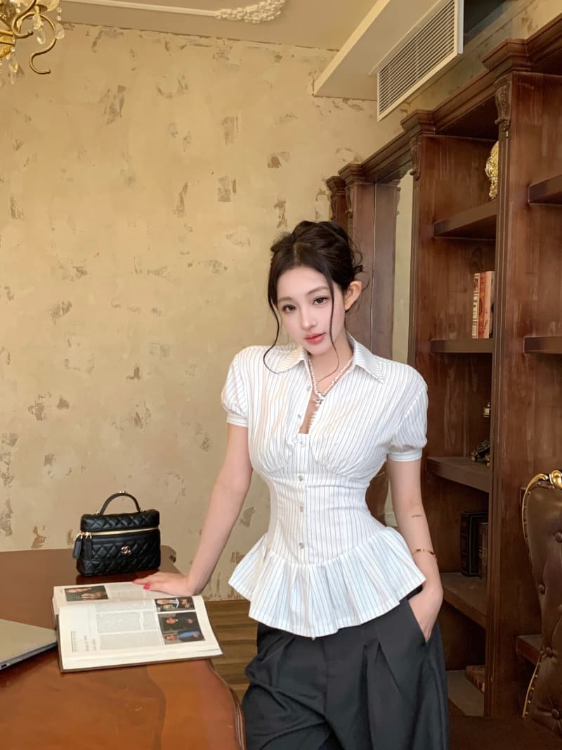 실사 정가 디자인 센스 스트라이프 허리 수축 반팔 맨위 뒤로 스트랩 학원 스타일 여성 셔츠 상세 이미지 8