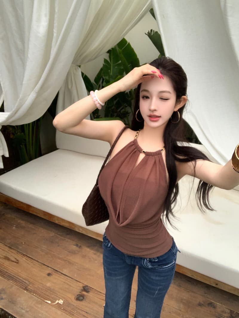 실사 정가 캐미솔 외출용 핫걸 착용 가져 가라. 백리스 디자인 센스 몸매 가꾸기 쇼트 스타일 민소매 행침 목 맨위 상세 이미지 10