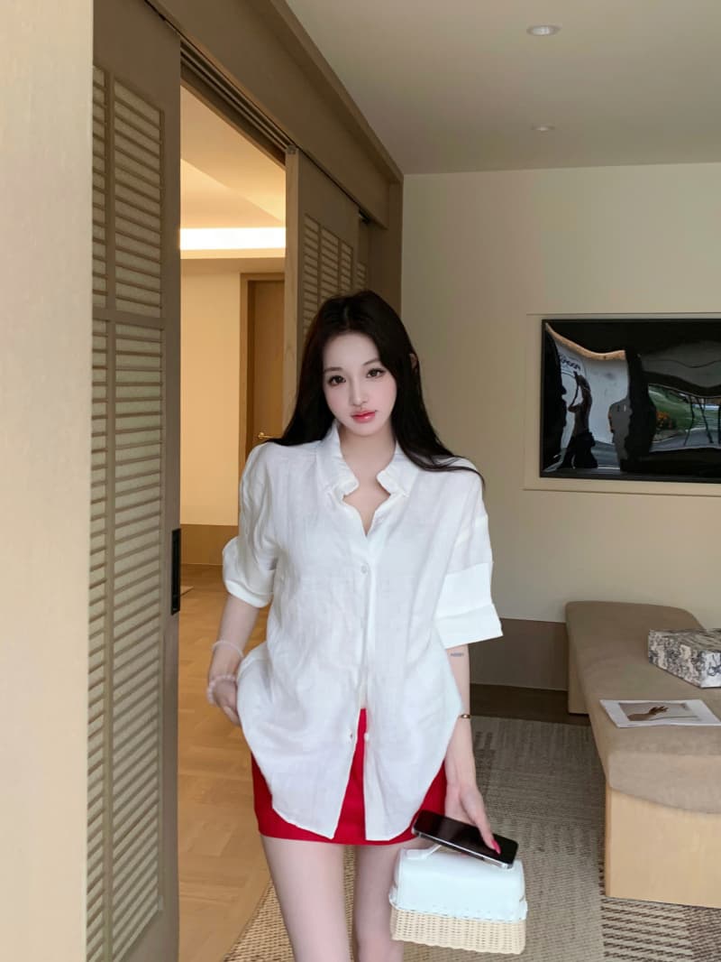 실사 정가 자연 산소 오른쪽 느슨함 지배 1oo 아마 수공 뒤집다 Pleat 볼륨 측면 소매 루즈핏 셔츠 상세 이미지 1