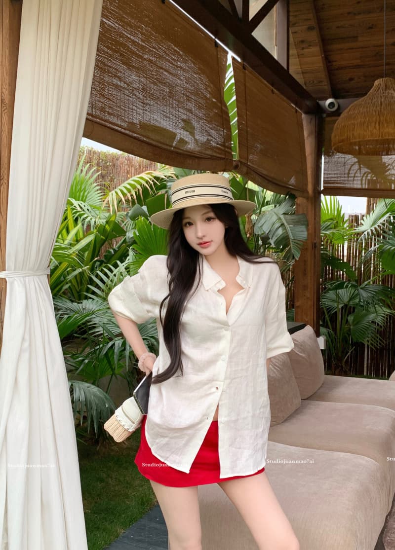 실사 정가 자연 산소 오른쪽 느슨함 지배 1oo 아마 수공 뒤집다 Pleat 볼륨 측면 소매 루즈핏 셔츠 상세 이미지 3