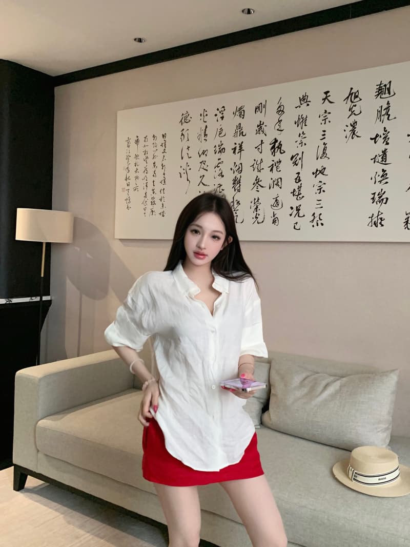 실사 정가 자연 산소 오른쪽 느슨함 지배 1oo 아마 수공 뒤집다 Pleat 볼륨 측면 소매 루즈핏 셔츠 상세 이미지 15