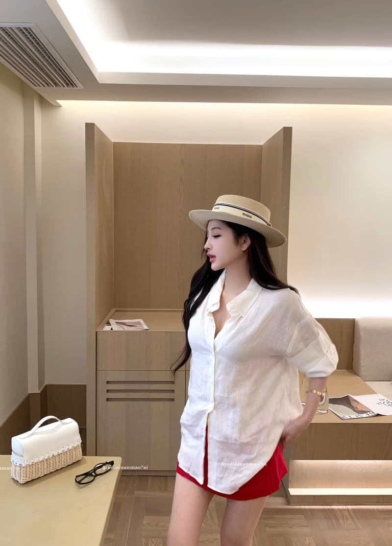 실사 정가 자연 산소 오른쪽 느슨함 지배 1oo 아마 수공 뒤집다 Pleat 볼륨 측면 소매 루즈핏 셔츠 상세 이미지 16