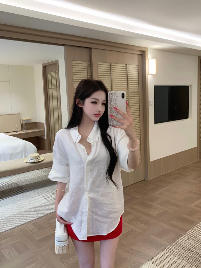 실사 정가 자연 산소 오른쪽 느슨함 지배 1oo 아마 수공 뒤집다 Pleat 볼륨 측면 소매 루즈핏 셔츠 상세 이미지 17