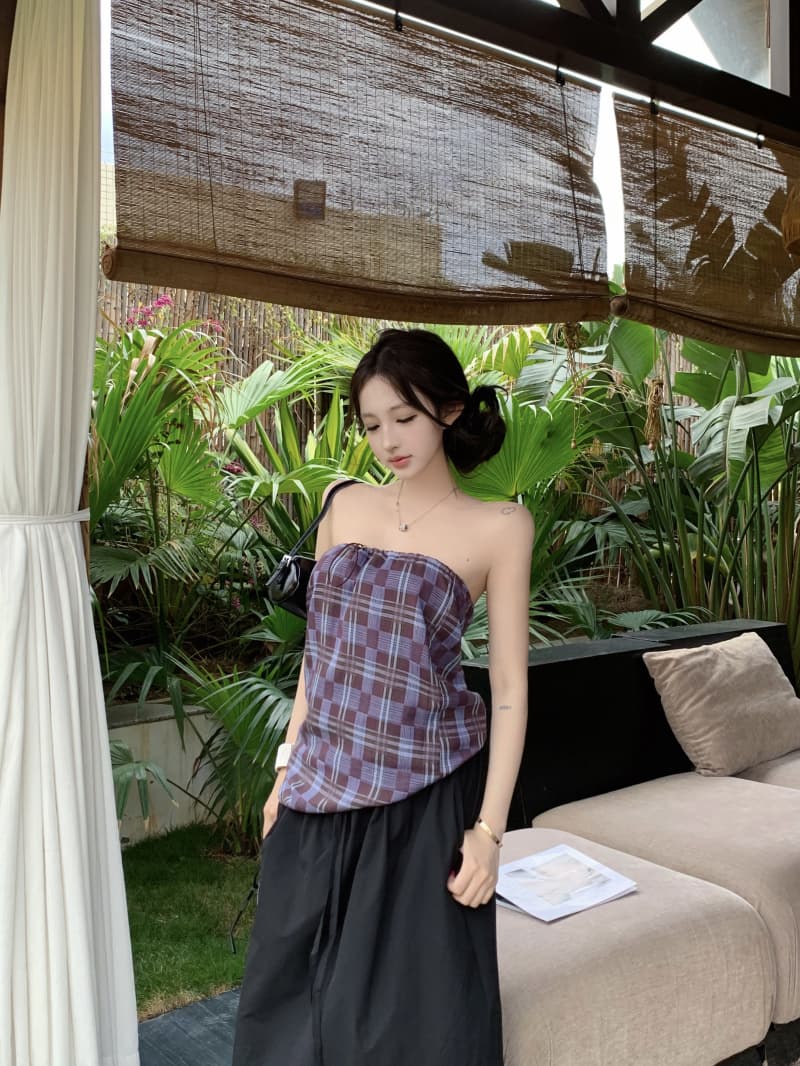 실사 정가 체크무늬 튜브탑 작은 대중 민소매 조끼 여성 여름 한 부서 디자인 센스 레트로 다용도 슬림해 보이는 맨위 상세 이미지 8
