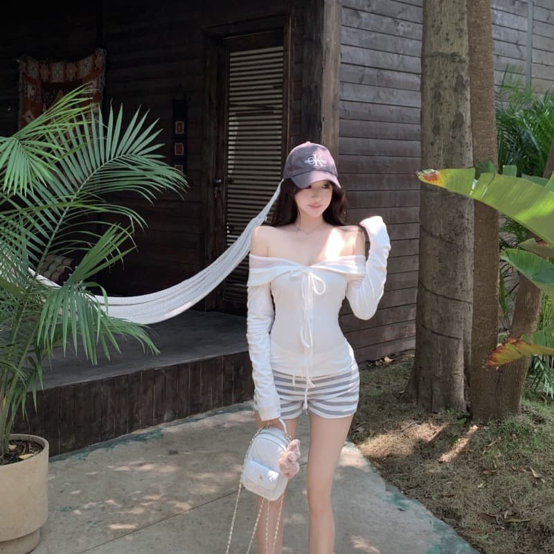 오프숄더 폴로 칼라 망사 패치워크 기본 셔츠 여성 몸매 가꾸기 나비 넥타이 니트 스웨터 이미지 5